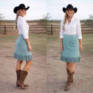 VINTAGE Women's Cuir Zebra Light Blue Fringe Boho Leather Skirt Sz L